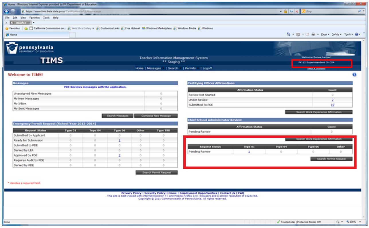 Screenshot showing the Superintendent has applications pending review