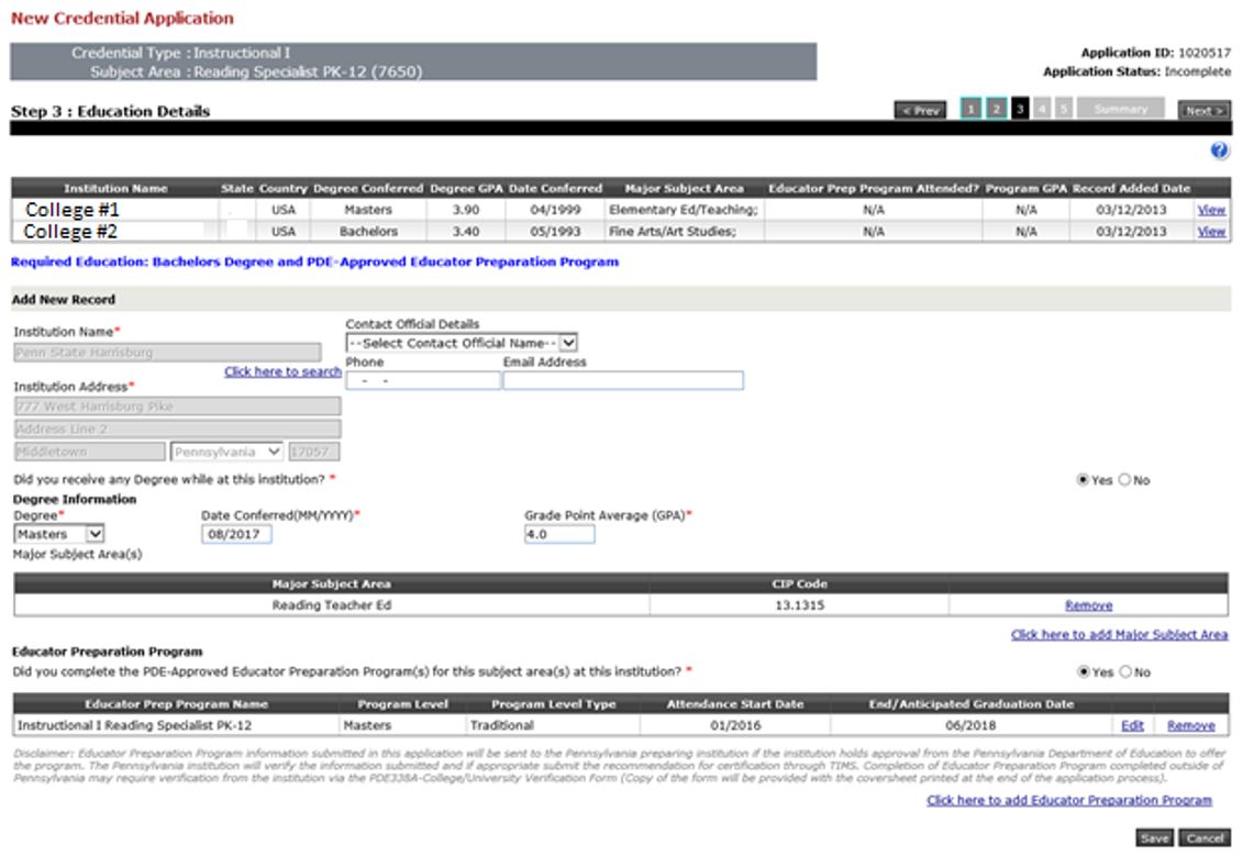 Screenshot of TIMS - New Credential Application