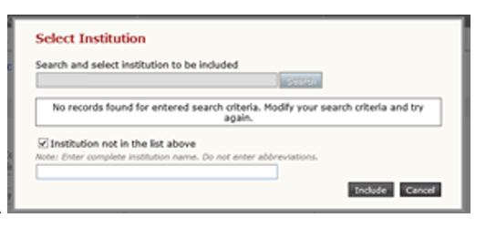 Screenshot of TIMS - Select Institution - Search