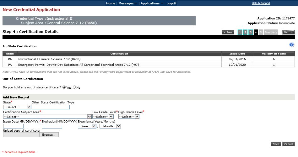 Screenshot of New Credential Application page