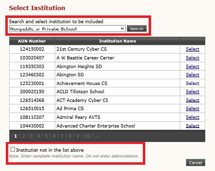 Select a Nonpublic or Private School Institution or check box if Institution is not in the listing