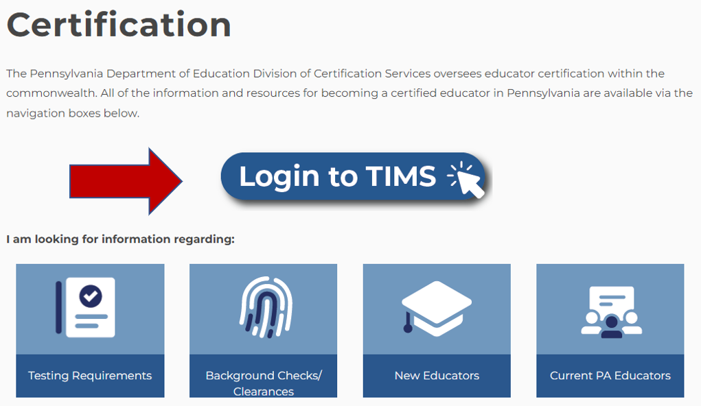Main Certification webpage - select Login to TIMS graphic