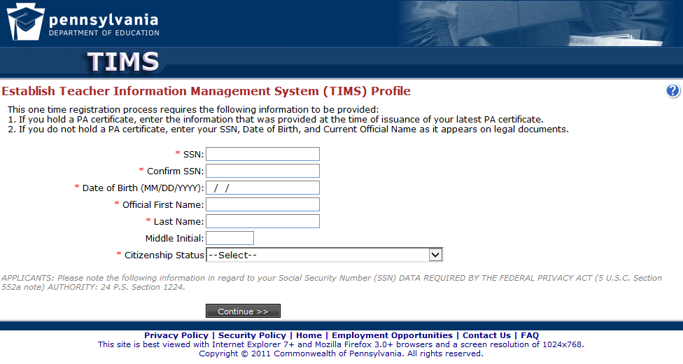 screenshot of TIMS Registration page.  