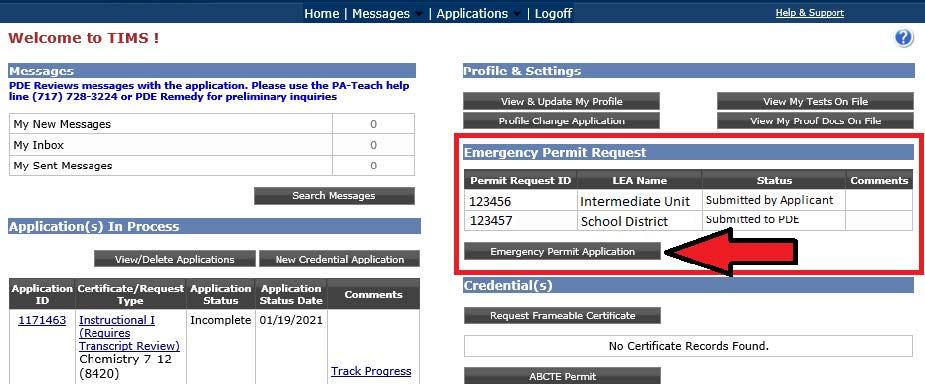 screenshot showing emergency permit application button