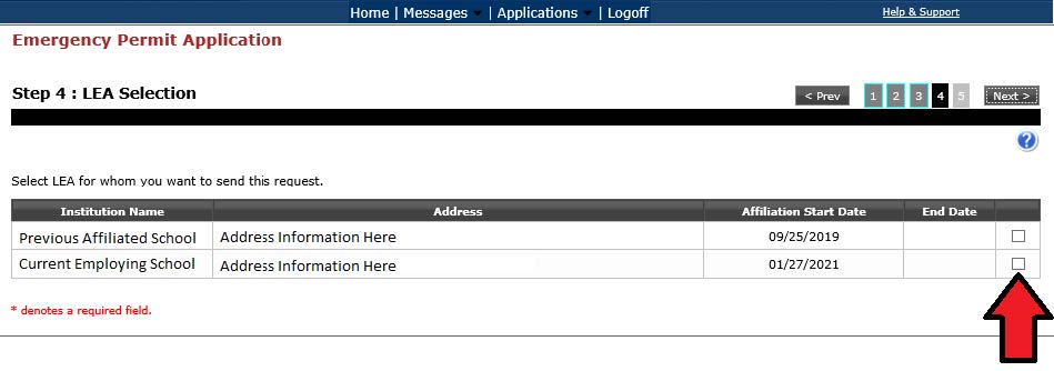 Emergency Permit Application LEA Selection screenshot
