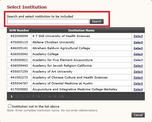 Screenshot Education select institution