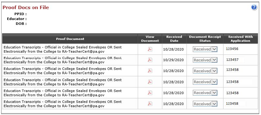 Screenshot Status View my proof docs on file