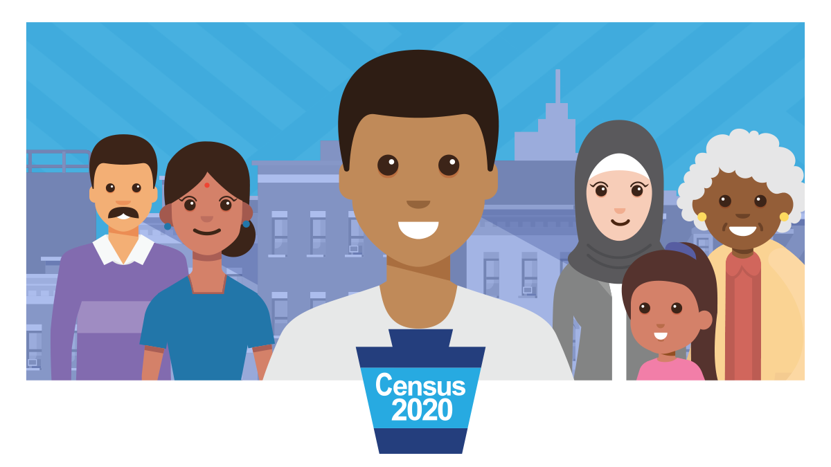 Image of a diverse group of men, women, and children with the words Census 2020 in a keystone.