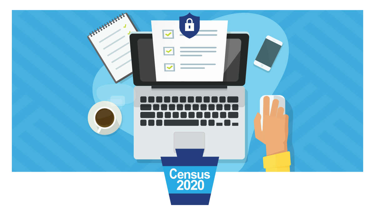 Animation of a computer with a privacy lock and the words Census 2020 in a keystone.
