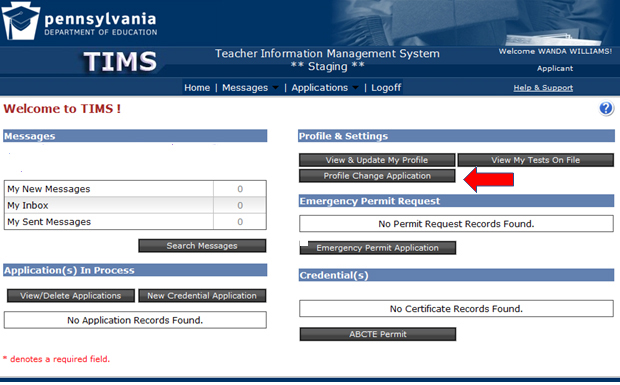 Screenshot of TIMS dashboard showing where to submit a profile change
