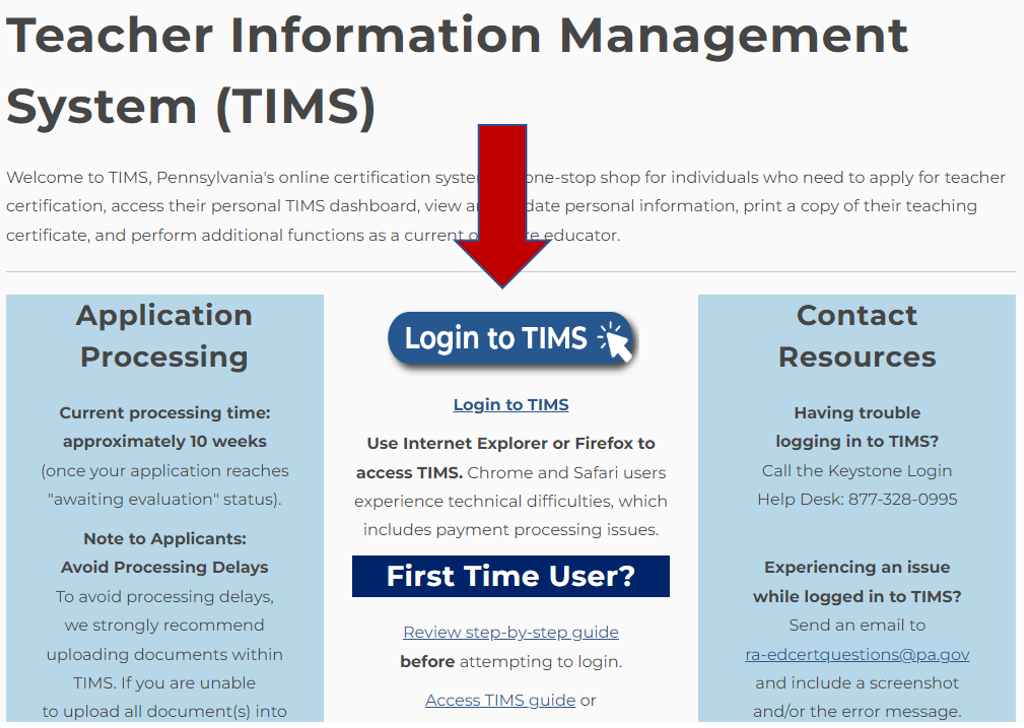 TIMS webpage - Select Login to TIMS graphic or link
