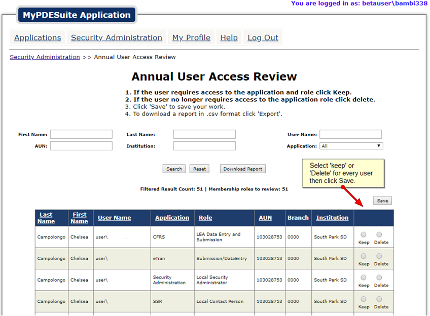 screenshot of MyPDESuite Application - link to Annual User Access Review for individual users